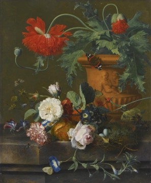  Carnation Art - A STILL LIFE OF POPPIES IN A TERRACOTTA VASE ROSES A CARNATION AND OTHER FLOWERS Jan van Huysum classical flowers